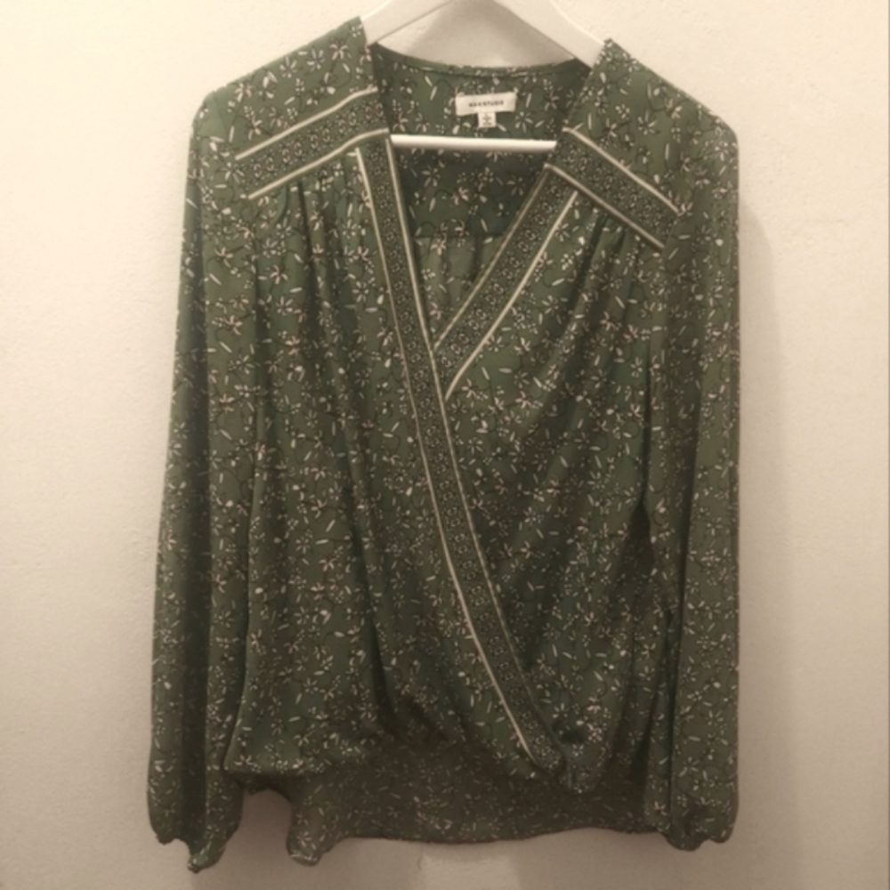 Max Studio | Green Floral Long Sleeve Wrap Blouse